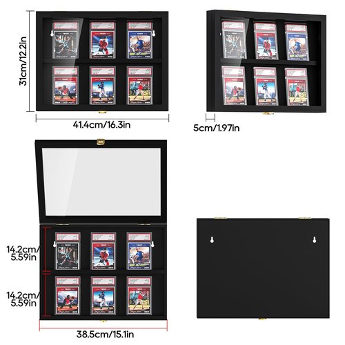 TJ.MOREE Card Display Case Baseball Card Display Case 6 Graded Sport Card Display Case Wall Mount for Baseball Football Basketball Hockey Trading Card Collection, Black