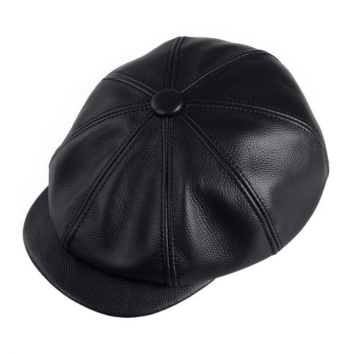 BOONJOVIA Men's Newsboy Flat Cap 100% Genuine Cowhide Leather Gatsby Ivy Golf Cabbie Hat (US, Alpha, Large, Black)