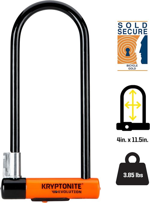 Kryptonite Evolution Long Shackle Bike U-Lock, Anti-Theft Security, 14mm Steel Shackle with Mounting Bracket and Keys, High Security for Bicycles Scooters,Black
