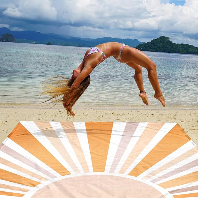Beach Blanket Waterproof Sandproof, 78''×86'' Large Bohemian Picnic Blankets for 2-4 Adults, Lightweight & Compact 210T Polyester Beach Mat Sand Free w/ 4 Stakes & 4 Corner Pockets-Orange Sun