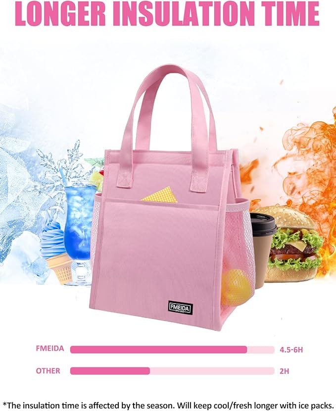 Fmeida Insulated Lunch Cooler - Reusable Women's Cooler Bag with Aesthetic Kawaii Design, Perfect for Office, Picnic, Beach | Front, Side, Interior Pockets