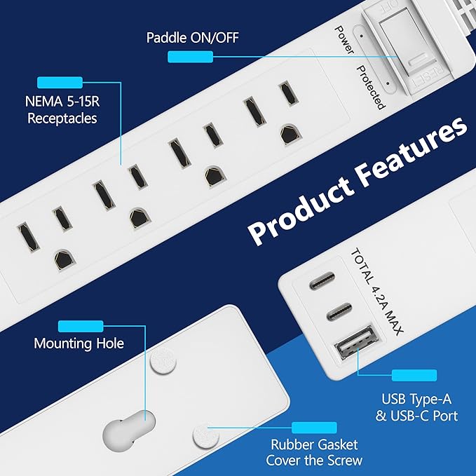 LIDER Outlet Extender with 4 Receptacles, USB-A and 2 USB-C, Ultra-Thin Flat-Plug with Cord Extender, 4-Outlet Power Strip, Slim Angled Design, Surge Protector, 1500 Joules, 5ft Cord, UL-Listed, White