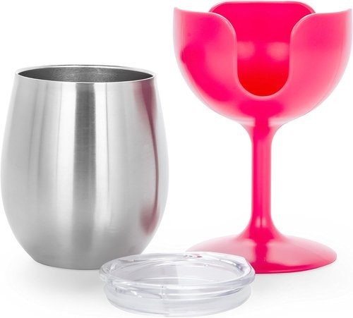 Camco Life is Better at The Campsite 8 oz Wine Tumbler 2 Pack - Heavy Duty Double Wall Vacuum Insulation - Crafted of 18/8 Stainless Steel - Features Removable Blue & Pink Stems (51915)