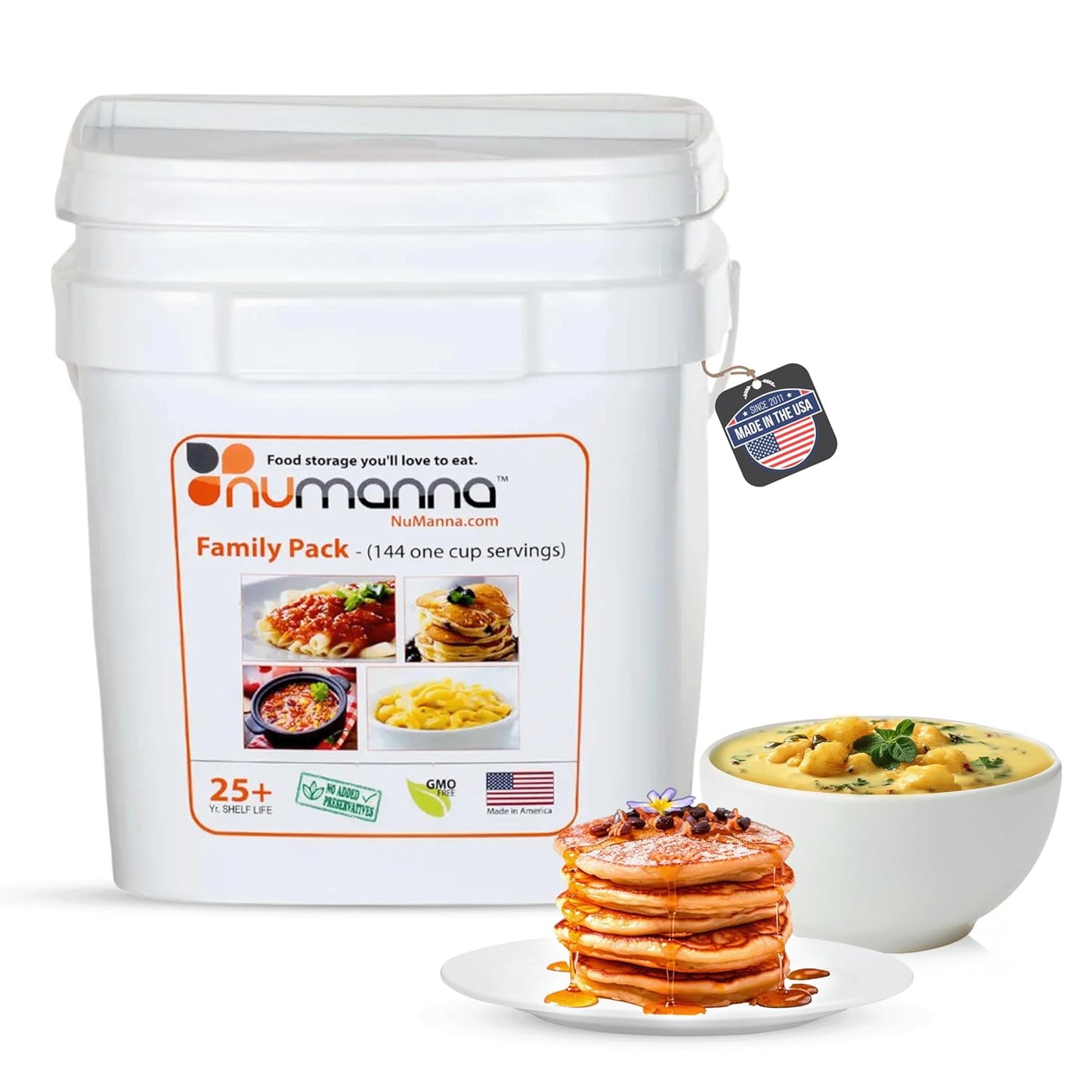 Numanna Family Pack Bucket 144 Servings 1-Month Emergency Meal Kit | Easy-to-Prepare, Non-GMO Freeze-Dried Survival Food | Everyday Meals in Resealable Pouches | Made in USA | 25+ Year Shelf Life