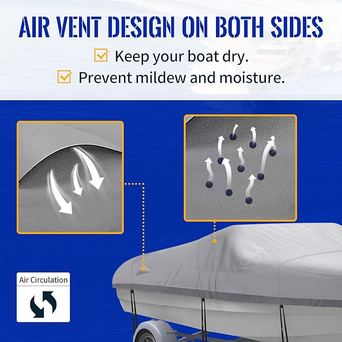 NEXCOVER Trailerable Boat Cover, Length: 17’-19’ Beam Width: up to 96”, Waterproof Heavy Duty Cover, Fits V-Hull, TRI-Hull, Runabout, Pro-Style, Bass Boat, Storage Bag & Tightening Straps Included.