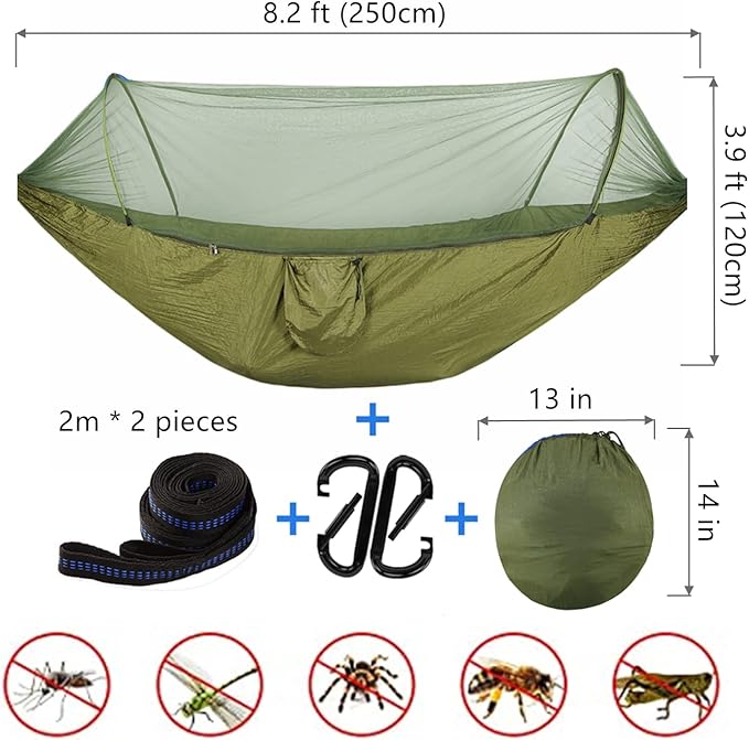 LFL Camping Hammock with Mosquito Net, Hammocks with 13ft Tree Straps Carabiners, Automatic Quick Open Outdoor Portable Hammock, Nylon Parachute Material Outside Hammocks (Black)