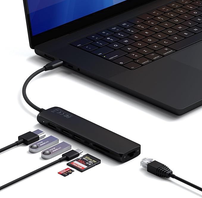 Satechi 7 in 1 USB C Hub Multiport Adapter with Ethernet, HDMI 4K@60Hz, 100W PD Charging, 2X USB-A Data Ports, Micro/SD Card Readers for MacBook Pro/Air M4–M1, iPad, iPhone, Windows - Black