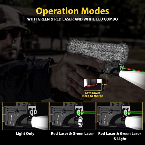 XYHlaserwin 600/200 Lumens Adjustable Tactical Flashlight with Green/Red Laser Sight, Pistol Laser Light Combo, Strobe/Constant Light Modes, USBC Rechargeable, Fits Standard Picatinny & Glock Rails
