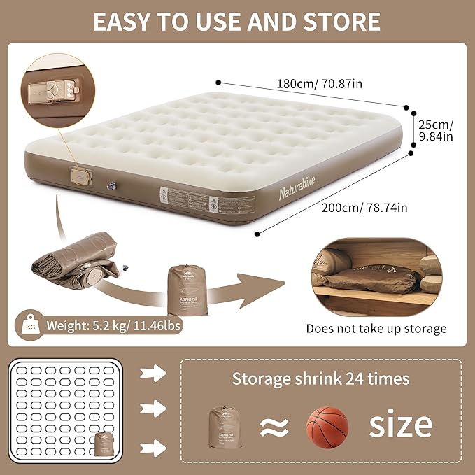 Naturehike Compact King Size Air Mattress with Electric Built-in Pump, 79 * 71in Extra Wide 2-min Quick Inflatable Mattresses for Home, Camping, Guests, Travel, Morning View Series