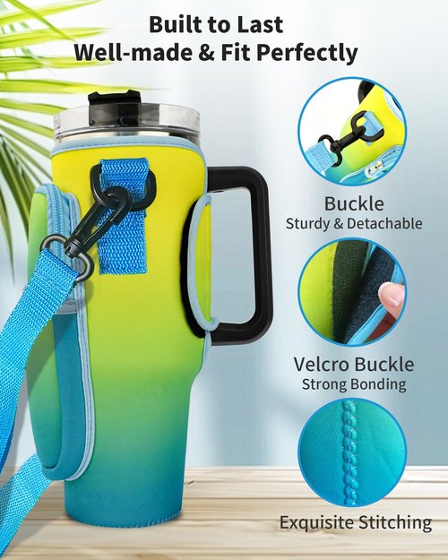 Peesio Water Bottle Carrier Bag with Strap for Stanley 40 oz, Tumbler Carrier Bag & Case, Green Holder Pouch with Straw Cover & Carabiner for Stanley Cup Accessories