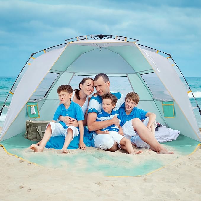 WolfWise 6-7 Person Easy Up Beach Tent UPF 50+ Portable Instant Sun Shelter Canopy Umbrella with Extended Zippered Porch, Mint Green
