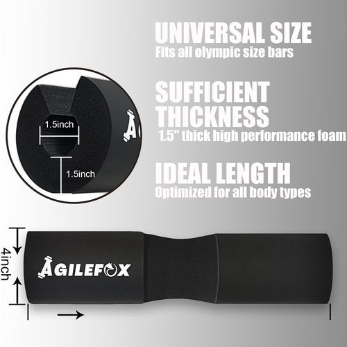 AGlLEFOXX Barbell Pad - Squat Pad-Hip Thrust Foam Pad, Comfort & Safety for Strength Training and Hip Thrust- Provides Cushion to Neck and Shoulders While Training (Black)