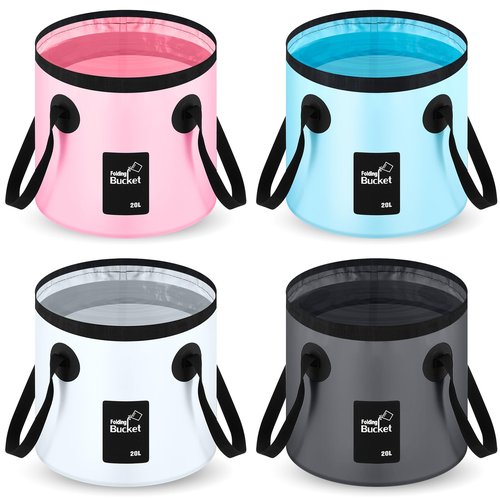 Tessco 4 Pcs 20L Collapsible Bucket with Handle 5 Gallon Portable Collapsible Folding Bucket Foldable Water Container for Camping Hiking Fishing Car Washing (Gray, White, Light Blue, Light Pink)