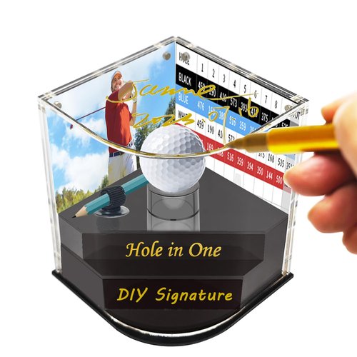 BmBpWOW Acrylic Golf Ball Display Case - 2 Layer for Hole in One Holder with Scorecard/Picture Frame & Golf Pencil Holder Golden Felt - Tip Pen