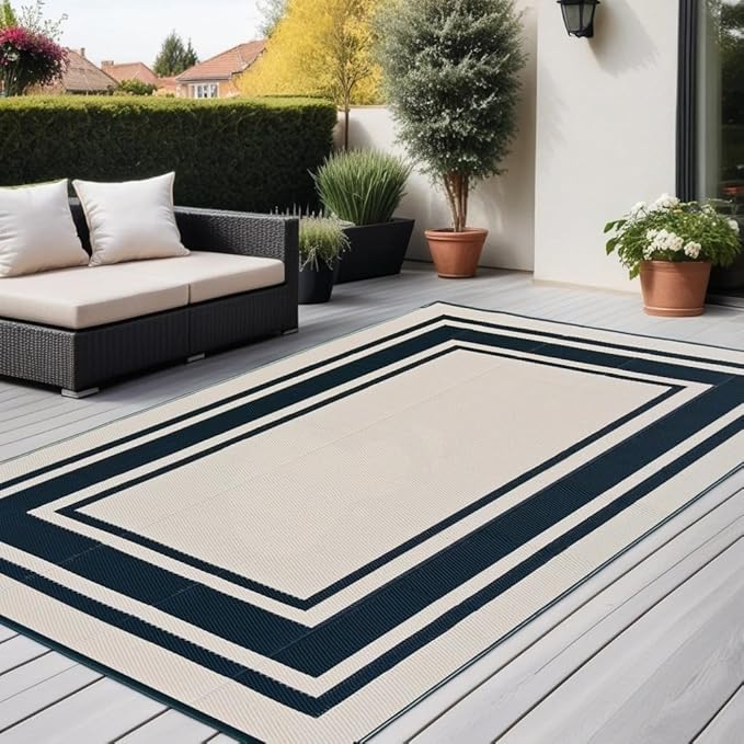 RURALITY Outdoor Rug 9x12 Waterproof for Patio Clearance,Large Plastic Straw Mat for Camping,Porch,RV,Reversible,Black and Beige