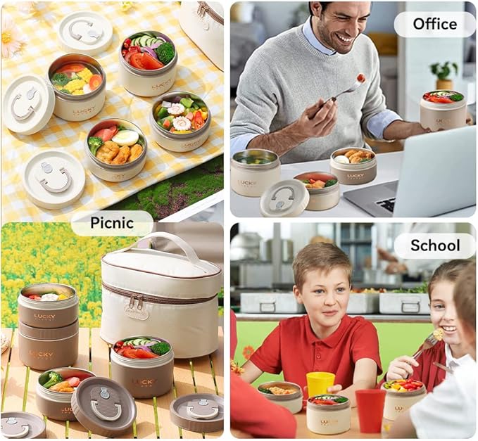 YBOBK HOME Thermal Bento Box Aldult Lunch Box, Portable Insulated Lunch Container For Work Picnic, Keep Warm Stainless Steel Food Container With Bag, Induction Cooker & Microwave Safe (Beige 68oz)