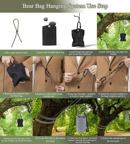 Bear Food Bag Hanging System, Bear Bags for Food Backpacking, 10L Waterproof Bear Bag, Nylon Ropes, Clips, Rock Pouch, Storage Food Bag and Manual Vacuum Pump Camping Bear Protection Kit(Grey)