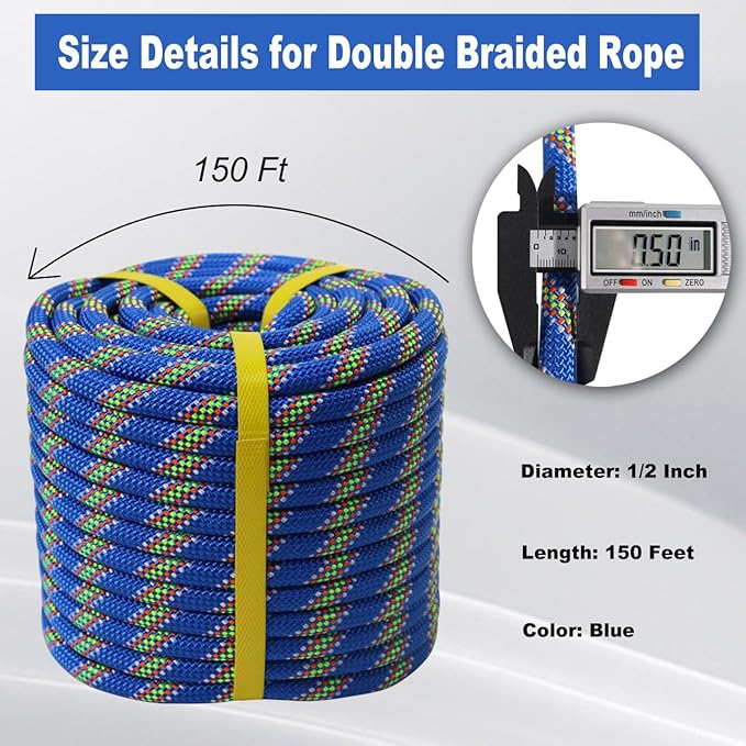 Double Braided Arborist Rope - 1/2 Inch x 150 Feet Polyester Rope - High Strength Climbing Rope for Tree Work, Halyard, Sailing (Blue)