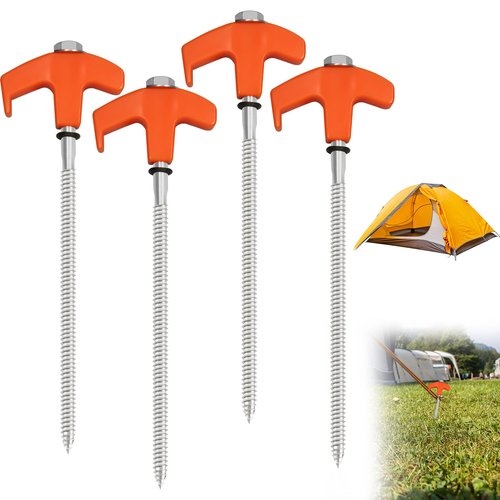 4Pcs Screw in Tent Stakes Heavy Duty, 8" Ground Stakes Ground Anchors Screw in, Metal Screw Tent Stakes Heavy Duty Tent Pegs, Ground Threaded Tent Spikes for Outdoor Camping (Orange)