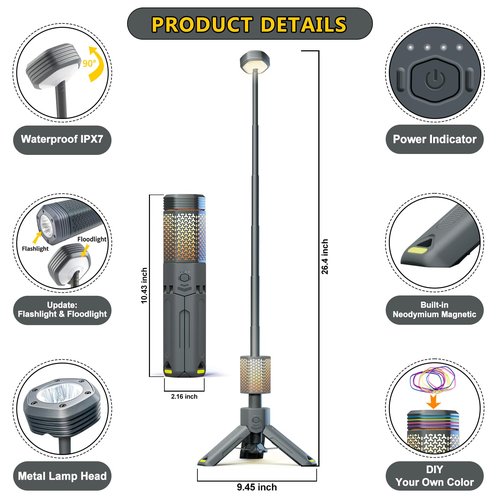 Camping-Lights-Rechargeable,Outdoor Telescopic-Collapsible-Lanterns with 2 Light Sources Mobile Lighting 10500mAh Battery Flash Light & Road Lamp for Adventure/Hiking/Camping/Live Streaming(Dark Grey)
