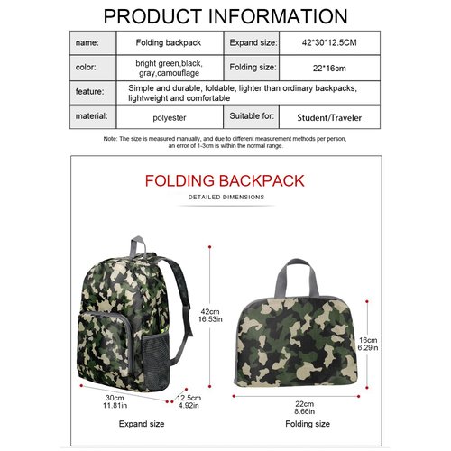GCSOAR Hiking Backpack 4 packs, Backpack for Women and Men Outdoor Backpacks, Foldable, Camou, Green, Black, Grey, 20l/0.26lb