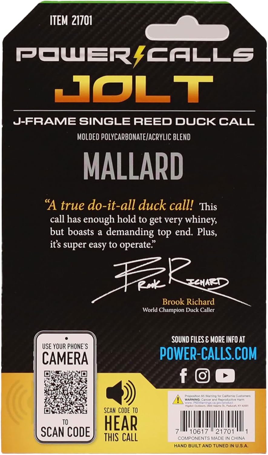 Power Calls Mallard Duck Call | Jolt | J-Frame Single Reed Molded Call | Great All Around Call for Competition & Waterfowl Hunting | Stealth Black