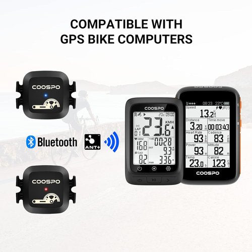 COOSPO Cadence & Speed Sensor for Cycling, Wireless Bluetooth & ANT+ Bike RPM Sensor for Cycling Computers, Compatible with IP67 / Rouvy / Zwift / Peloton / Wahoo / CooSporide