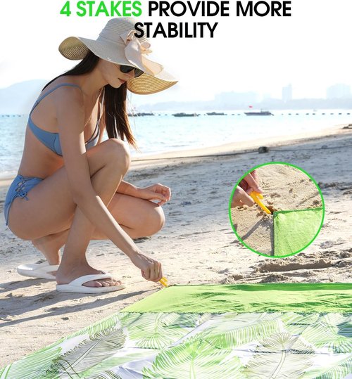 SYLVROAM Beach Blanket Waterproof, Sandproof Mat with Portable Bag for Picnic, Nylon Mat, Quick Drying, Lightweight with 4 Stakes & 3 Water Bags, Use as Children's Pool (Green)