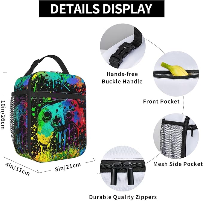 Video Game Controller Insulated Lunch Bag, Colorful Abstract Artist Painting Lunch Box for Boys Girls Kids, Portable Reusable Zipper Lunch Box for Men Women School Work Travel
