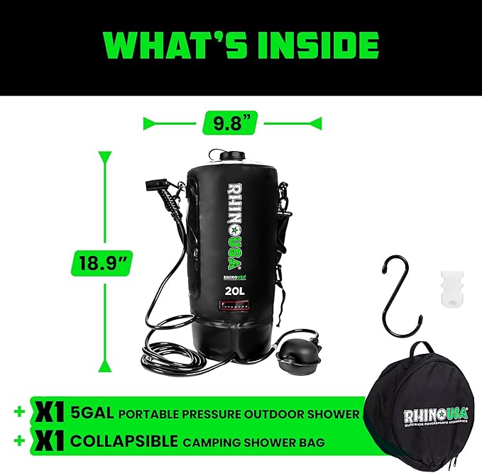 Rhino USA 5 Gal / 20L Portable Solar Camp Shower - Essential for Camping, Festivals, Overlanding, Beach Trips, Outdoor Shower and More!