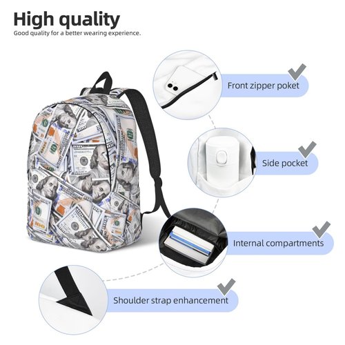 GVGOAGL Fun Money Dollar Novelty Backpack for Girls Boys Women Lightweight Canvas Bookbag Casual Daypack for Travel Outdoor Camping, 17 Inch