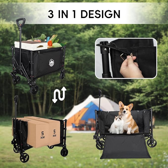 Collapsible Wagon, Portable Folding Wagons Carts with Wheels Foldable, 330lbs Heavy Duty Beach Wagon Outdoor Utility Cart with Dual Side Zipper, Cup Holders for Grocery Camping Garden Sports