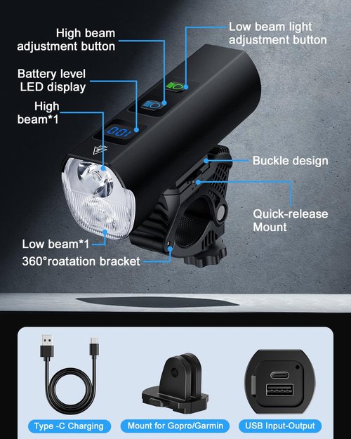 POWVINE 1200 Lumens Bike Front Lights for Night Riding,5+5+3 Models & LED Power Display 360° rotatable Bicycle Headlight with High Beam Low Beam,5000mAh Rechargeable and Waterproof Bike Light