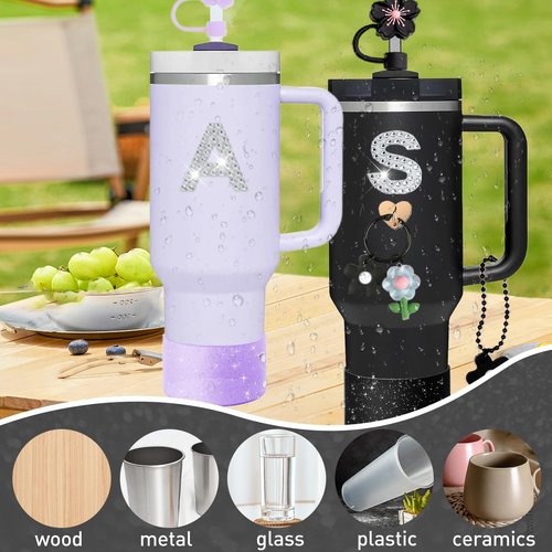 SDIDVIEXPERT Accessories for Stanley Cup,Rhinestone Letter Stickers Silicone Flower Straw Cover Cup Boot Cute Colorful Flowers Charms Pompom Ball Keychain for Stanley 40oz and 30oz Tumbler(Black)