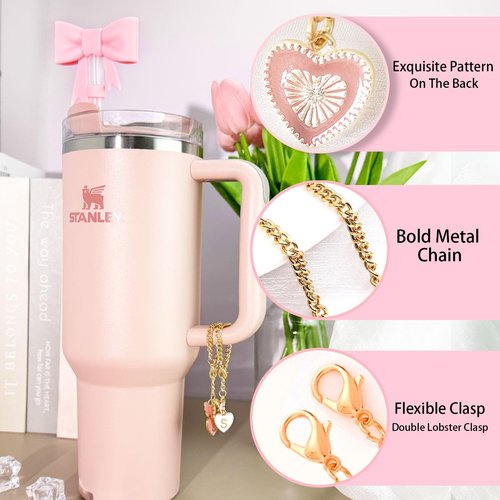 LUHOHI Pink Bow for Stanley Straw Topper- 3pcs Cute Cup Bow Straw Cover Silicone Cap 10mm with 2pcs Initial Letter Charms Name Id Personalized Accessories 40/30 Oz Tumbler Water Bottle Cups A