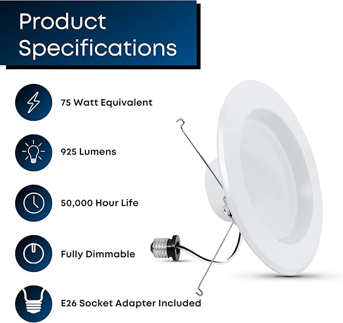 Feit Electric 5-6 inch LED Recessed Downlight - Pre-Mounted Trim - Standard Base Adapter - 5000K Daylight - Dimmable- 75W Equivalent - 45 Year Life - 925 Lumen - High CRI