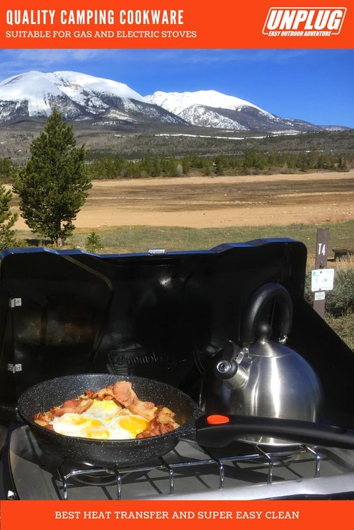 UNPLUG Camping Cooking Set | Cast Aluminum Camping Pots and Pans Set | Nonstick Triple Marble Coated Camping Cookware | Stainless Steel Retro Whistling Camping Kettle| Ideal Gas Stove Camping Mess Kit