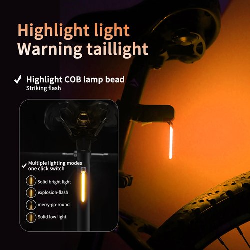 BsrFirst LED Bike Tail Light, Orange Light Flow Tail Light, Bicycle Warning Tail Light, 5 Modes, USB Rechargeable, Waterproof, Cycling Tail Light for Any Type of Seat Post