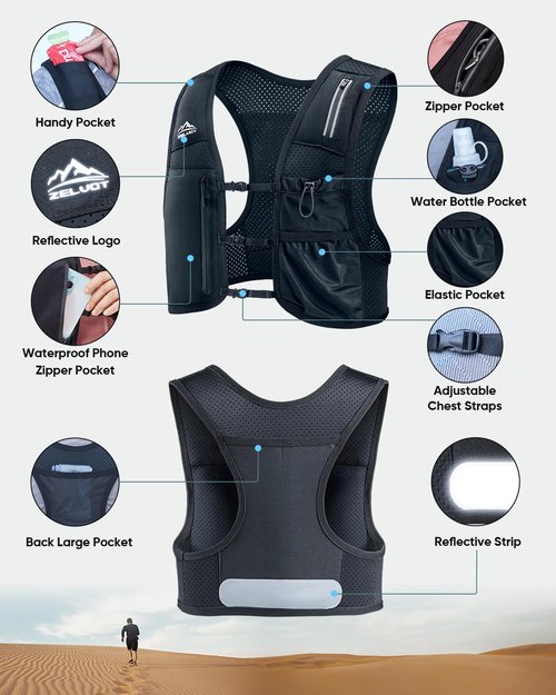 Zelvot Running Vest for Women Men, USA Original Patent, Adjustable Chest Straps Running Hydration Vest with Phone Holder and 6 Pockets, Lightweight Reflective Hydration Backpack for Hiking