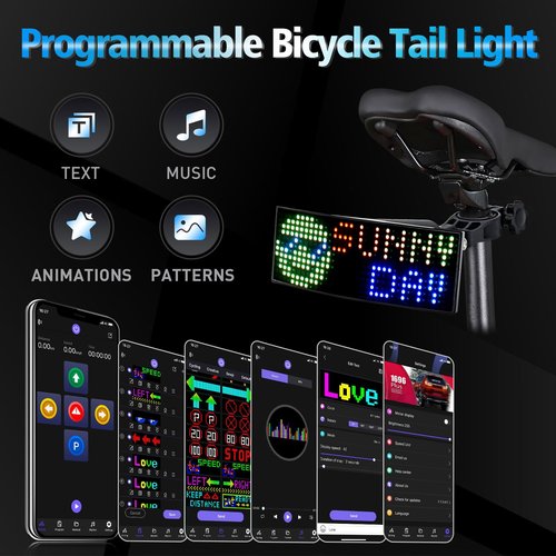 GOTUS Programmable LED Smart Bike Tail Light, Rear Bike Light,with Speedometer and APP Custom Text, Patterns, Animations Display, for Adults Kids Road Mountain