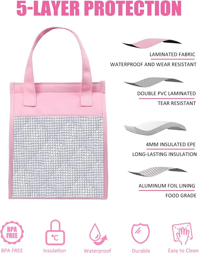 Fmeida Insulated Lunch Cooler - Reusable Women's Cooler Bag with Aesthetic Kawaii Design, Perfect for Office, Picnic, Beach | Front, Side, Interior Pockets