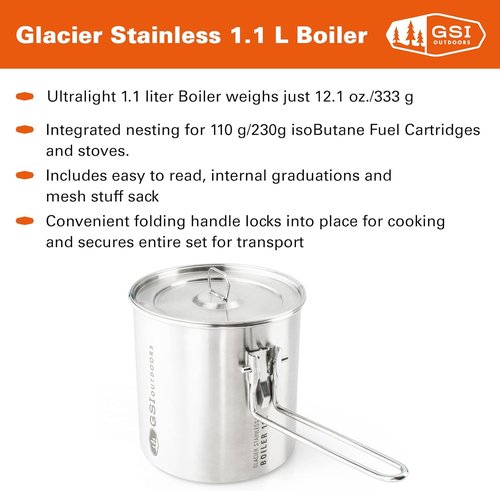 GSI Outdoors Glacier Stainless 1.1 L Boiler For Ultralight Backpacking and Camping