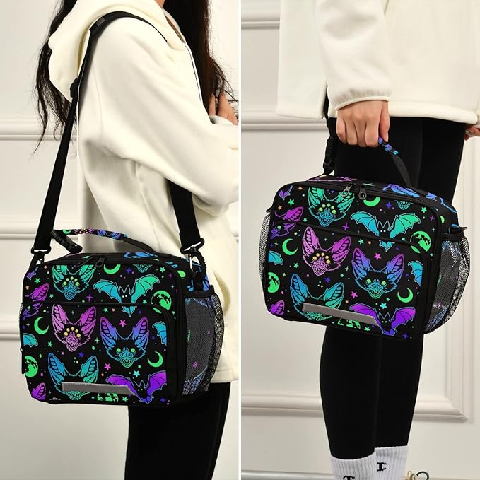 Halloween Rainbow Bats Lunch Bag Insulated Lunch Tote Bags Cooler Lunch Box Food Container for Men Women Kids Adults