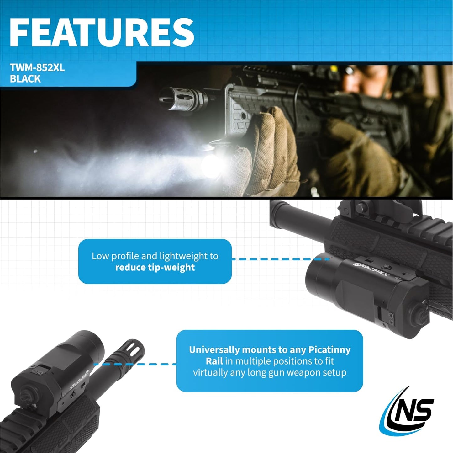 Nightstick TWM-852XL 850-Lumen Tactical Rail-Mounted Light with Single Push Button