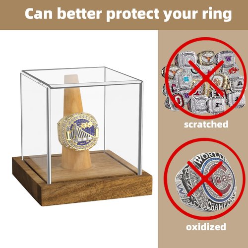 2 Pack Championship Ring Display Case Clear Acrylic Single Ring Holder with Wood Stand Base 1 Slot Ring Hole Storage for Sports Basketball Baseball Fan Souvenirs Military, UV Protection 3.94 Inch
