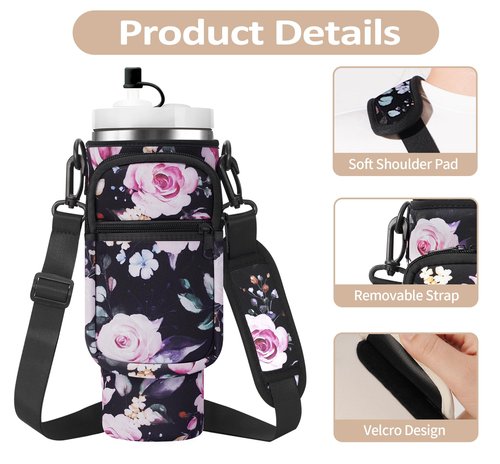 AceTreker 30/40 oz Stanley Cup Sling Bag with Strap & Phone Pocket, Neoprene Vacuum Insulated Travel Tumbler Holder with Straw Cover for Simple Modern with Handle-Black Flower