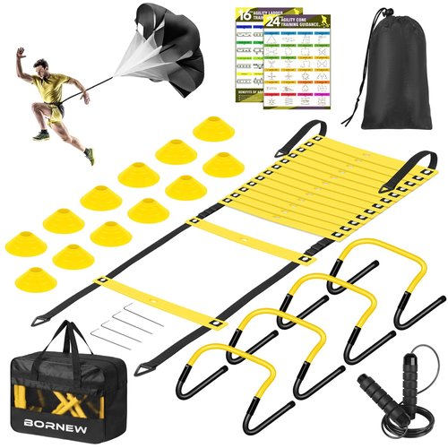 Soccer Training Equipment, Agility Speed Training Set with 20ft Speed Ladder, 12 Cones, 4 Adjustable Hurdles, Jump Rope, Parachute | Ideal for Basketball, Football Practise, for Kids, Youth, Adults