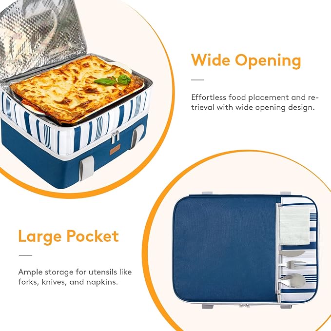 Double Decker Insulated Casserole Carrier for Hot or Cold Food, Lasagna Holder Tote for Potluck Parties/Picnic/Cookouts, Fits 9"x13" Baking Dish, Blue