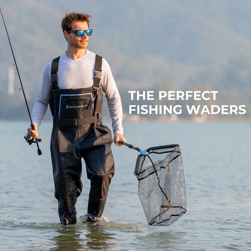 Calamus WaveWalker Fishing Waders for Men & Women, 100% Waterproof PVC Chest Waders with Slip-Resistant Boots, Tear-Resistant Nylon, Ample Storage, Wader Hanger, Black, M10/W12