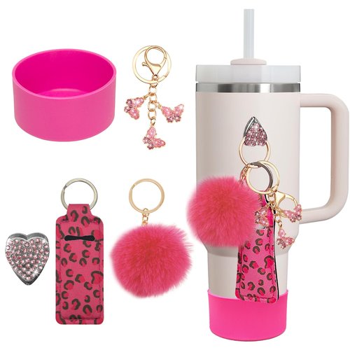VirgoCCY 5PCS Water Bottle Boots Cover Mini Bling Hooks Lipstick Sleeve Cute Hanging Charm Keychain for Stanley Cup 30&40 Oz, Stanley Accessories Siliocne Water Bottle Boots, Hot Pink